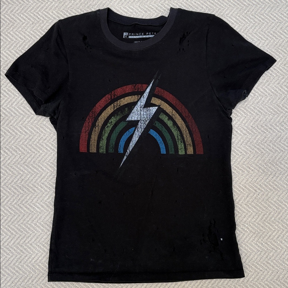 PRINCE PETER COLLECTION Distressed Rainbow and Lightning T-Shirt in Black
